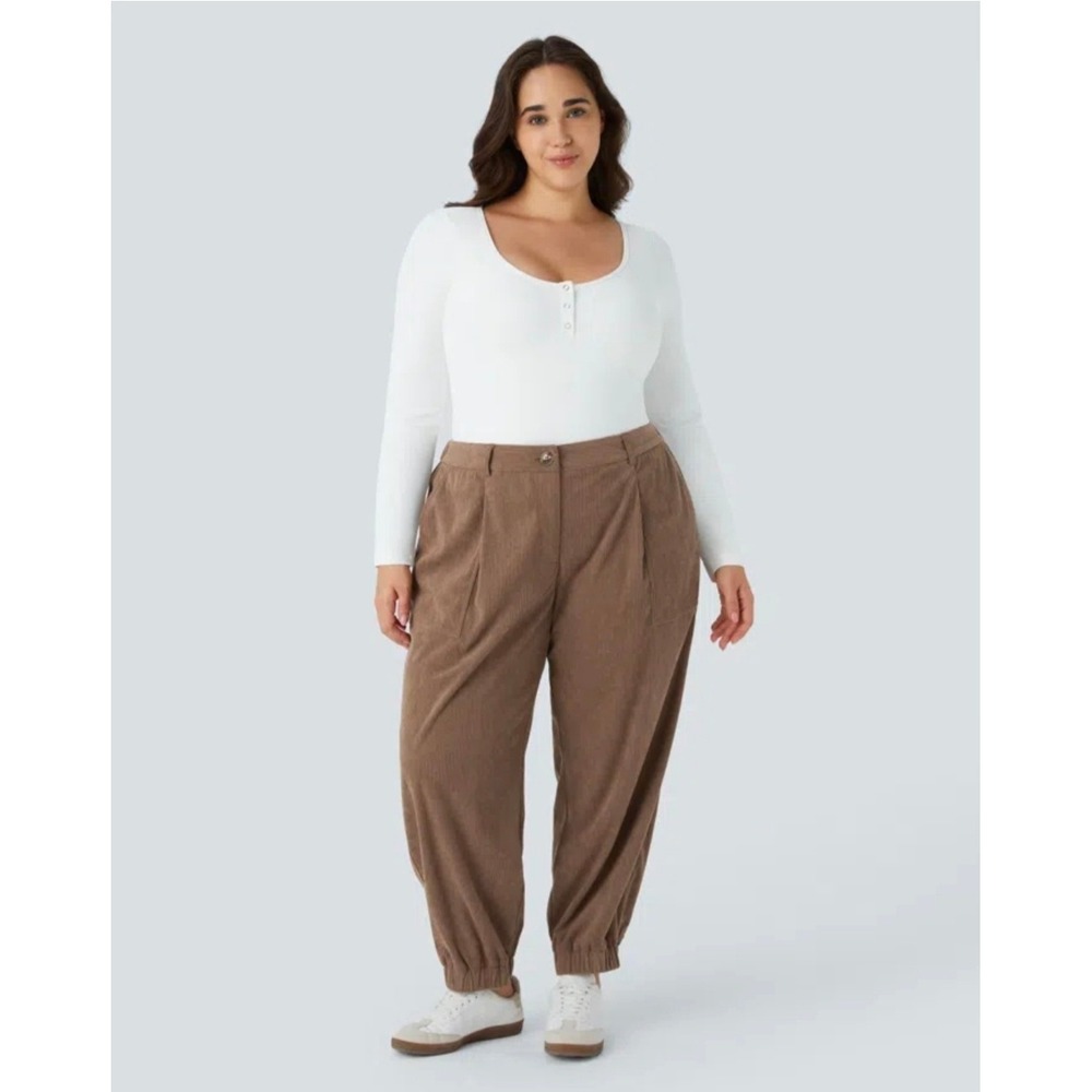 Halara Mid Rise Zipper Pockets Corduroy Casual Plus Size Joggers Brown 3X NWT